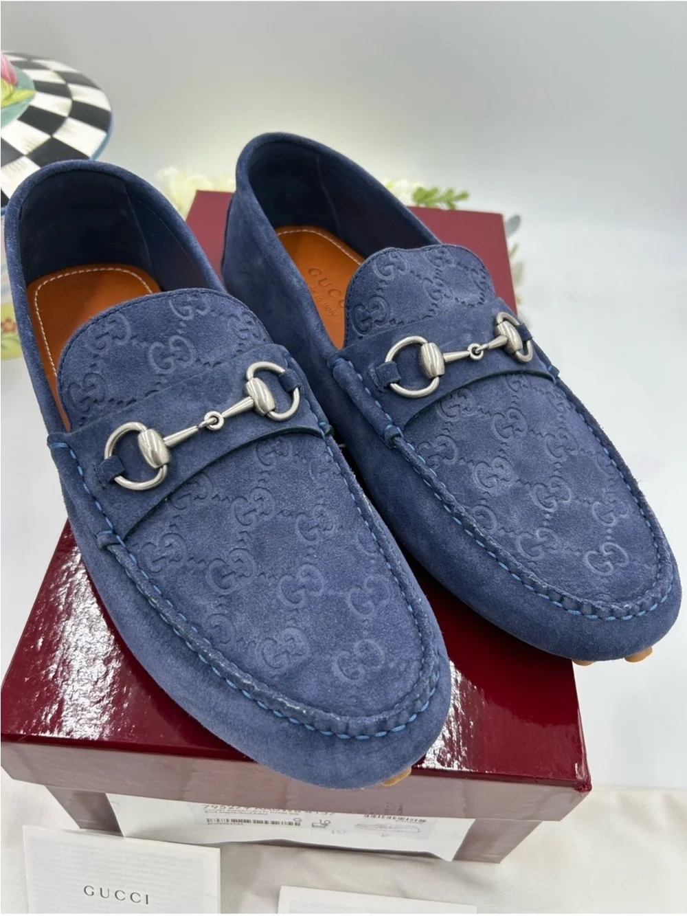 Men’s Gucci, GG embossed suede driver loafer size 10 fit 11 US made Italy